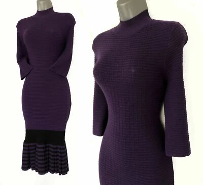 Karen Millen Km 1 Lila Polohemd Skinny Fit 3/4 Ärmel Midi Strick Kleid UK 8/10 - Bild 1 von 4