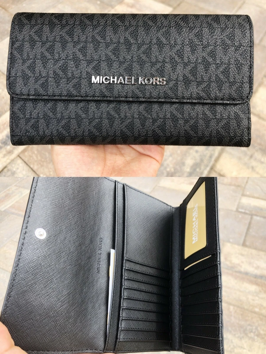 Michael Kors Jet Set Travel Large Trifold Wallet Signature MK Brown Black  Pink  eBay