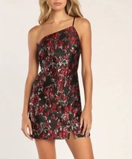 NWT Lulus Enticing Black Floral Jacquard One Shoulder Mini Dress SZ-Large Party