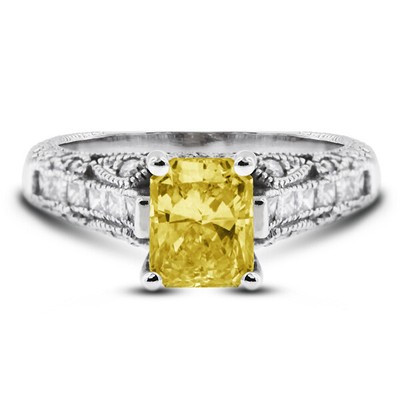 2 1/4ct Yellow SI2 Radiant Natural Diamonds Plat Vintage Style Side Stone Ring