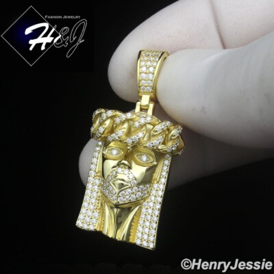 MEN 925 STERLING SILVER ICY BLING CZ GOLD PLATED 3D JESUS FACE PENDANT ...