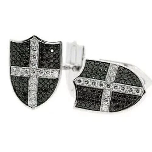 Gemelos para hombre enchapados en oro blanco de 14 quilates corte redondo diamante negro creado en laboratorio Foto 4 de 4