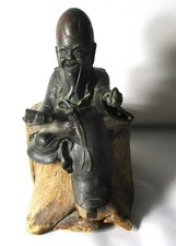 Very Old Antique 18th C. JAPANESE Bronze Sculpture  Elder on Wood Stump, c. 1750
