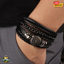 4 pcs Men s Leather Bracelets Set Vintage Beads Tree Rudder Tribal Wristband