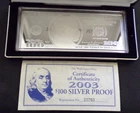 4oz .999 FINE SILVER QUARTER POUND BAR 2003 BENJAMIN FRANKLIN $100 SILVER PROOF
