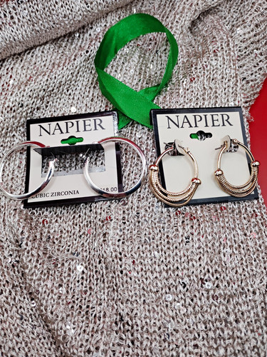 Napier Hoop Earrings Lot 2 Pairs Silver Gold Tone New on Cards Pierced