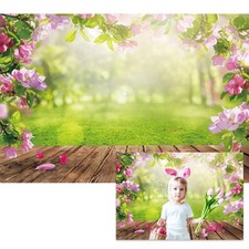 7x5ft Spring Nature Scenery, Pink Flower, Green Leaves, Wood Floor, Park