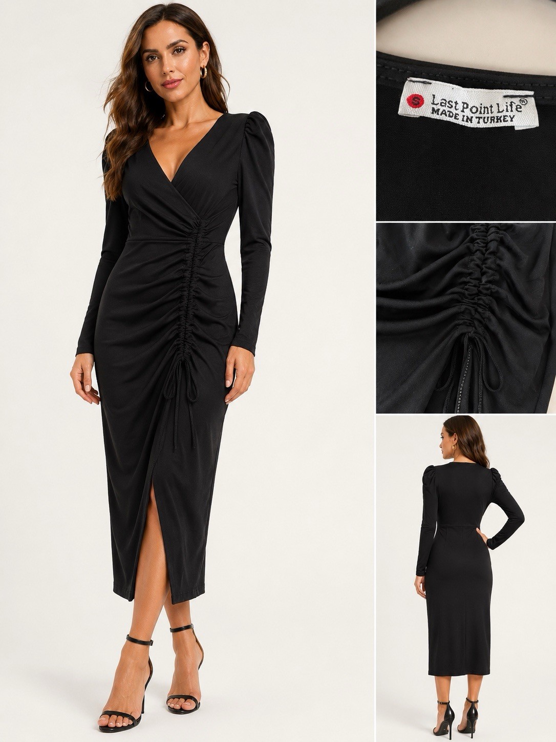 Last Point Life Black Ruched V-Neck Puff Long Sleeve Bodycon Midi Dress M