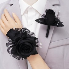 Black Rose Corsage and Boutonniere Set Prom Flower Wrist Corsage Wristlet and...