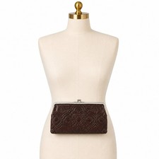 HOBO International Brown Embossed Leather Frame Wallet Kiss Lock Clutch