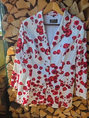 Damen Blazer Pompöös 50 Glöckner  Weiß  gemustert Mohnblumen Rot wie neu 3...