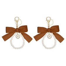 2Pcs Ribbon Bow Keychain, Cute Pearl Wristlet Keychain Bow Charm, Bronze Gold