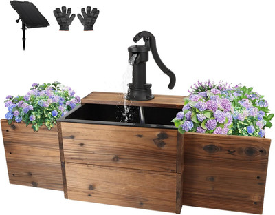 Outdoor Water Fountain,Floor Wooden Pump Old-Fashioned Fountain with Flower Box,