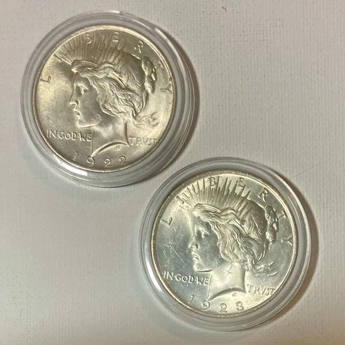 TWO PEACE DOLLARS 1922 1923 Philadelphia Mint UNCIRCULATED 90% SILVER NICE