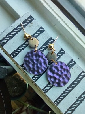 Deep Purple And Metallic Gold Hammered Metal Effect Polymer Clay Earrings