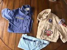Lot of Scouts Gear: 2 Youth Shirts M  L , cub scout kerchief, patches, belt