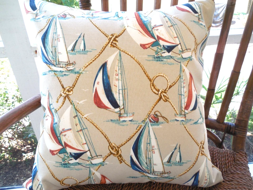 VELERO Exterior Lanzamiento Almohada Funda Barco Náutico en Rojo Azul Tostado 16 x 16 Foto 2 de 4