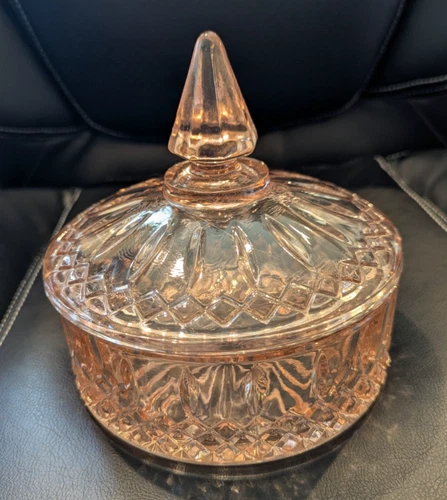 Pink Depression Glass-Indiana-Candy Dish Diamond  Princess Powder Box w Lid Vtg