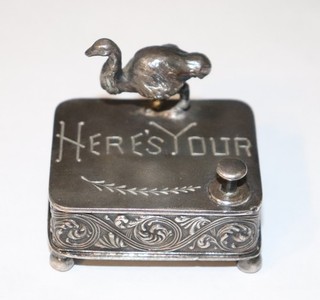 Antique EMU or OSTRICH "Here's Your" Silverplate Collar Stud Trinket Box