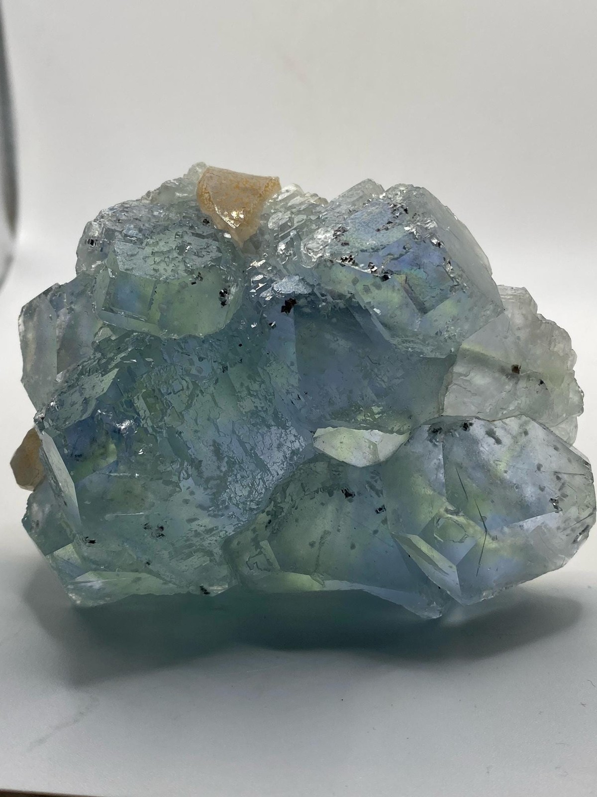 Self Standing Blue Green Fluorite Cluster with Smoky Quartz Crystal