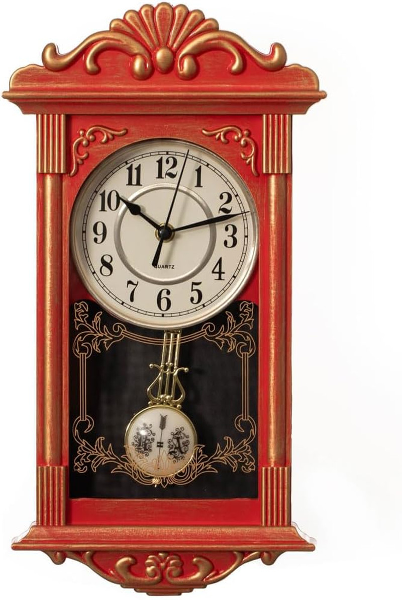 Vintage Grandfather-Style Wall Clock with Wood-Effect Plastic Pendulum, Battery-
