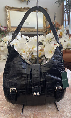 NWT Ralph Lauren Acadian Croc Embossed Black Leather Hobo Handbag, MSRP $298
