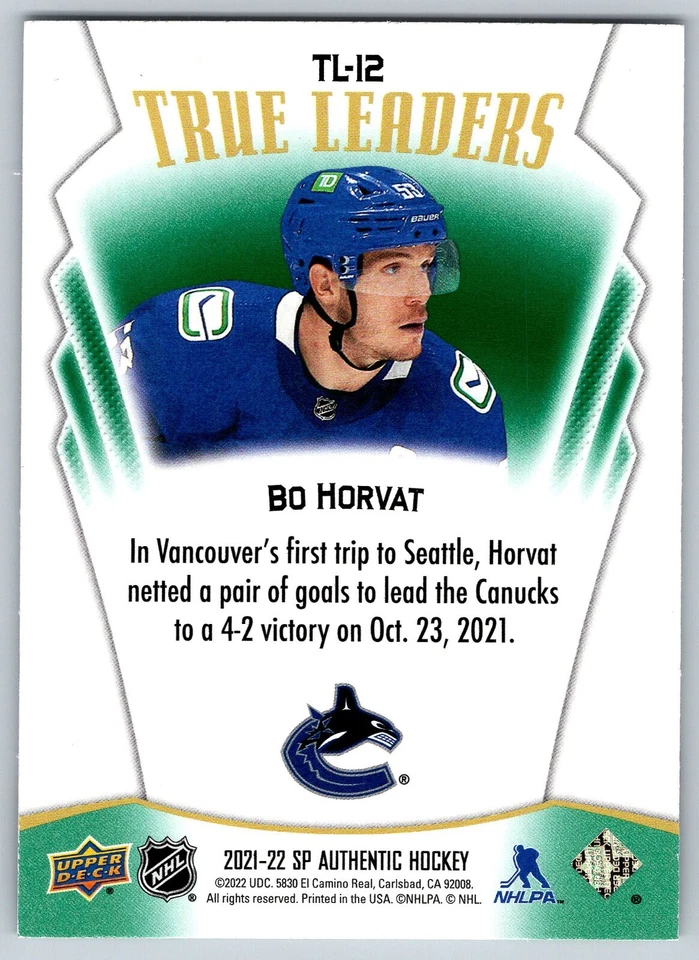 Bo Horvat 2021-22 SP Authentic True Leaders Green #TL-12 Vancouver Canucks - Image 2 of 2