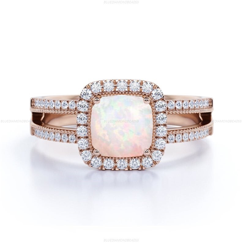 14k Rose Gold Opalite Diamond Split Shank Statement Engagement Ring For Women