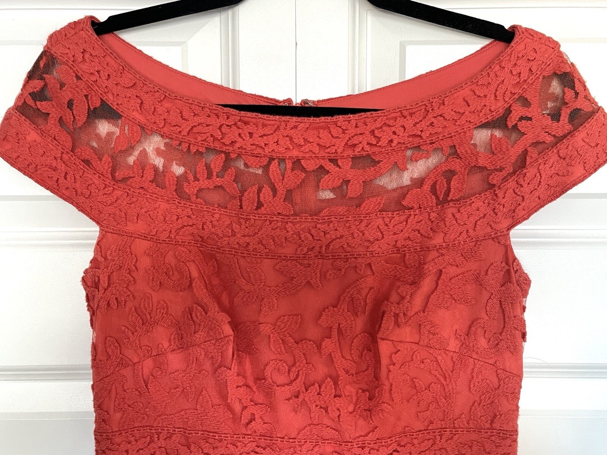 tadashi shoji orange dress TADASHI SHOJI Orange Embroidered Sheath Lace Knee Length Midi Dress Size 2
