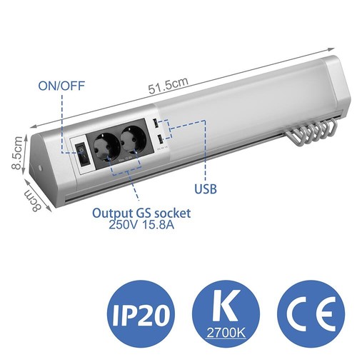 Lampada Sottopensile Cucina Guardaroba Officina Luce Led 2Prese 2USB 5ganci 52cm - Foto 4 di 8