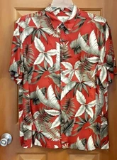 Island Shores Red Gray Leaves Short Sleeves Button Front Hawaiian Shirt Size L