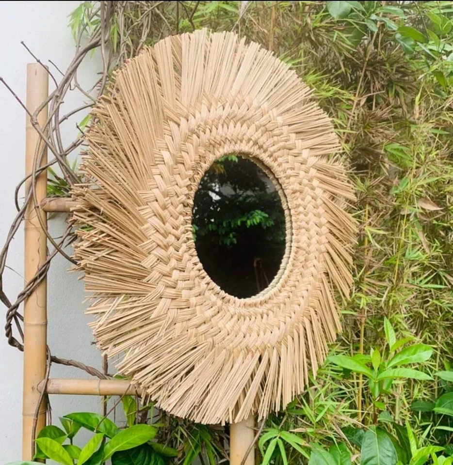 Espejo redondo montado en la pared bohemio de pastos marinos hecho a mano decoración tradicional Foto 3 de 4