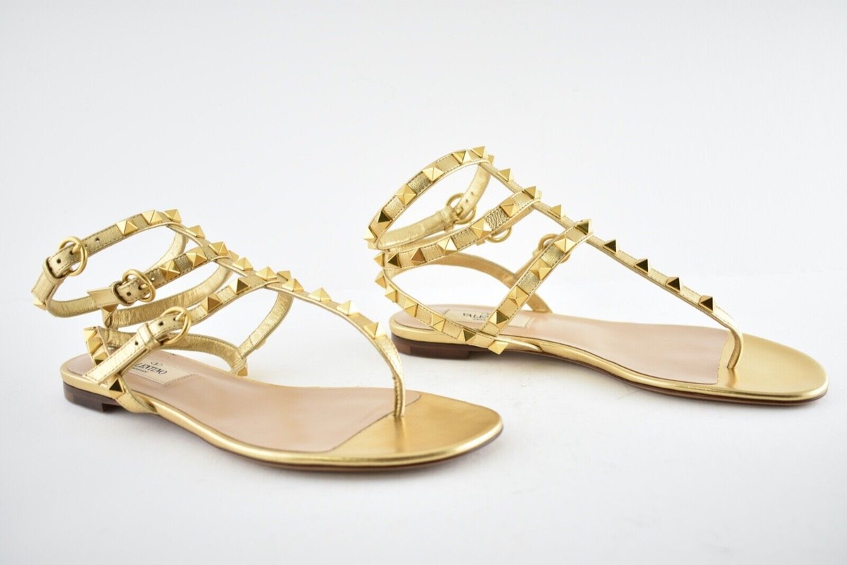 Valentino Rockstud KM5 Gold Leather Triple Ankle Strap Gladiator
