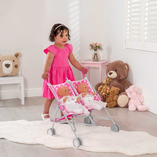 Childrens Dolls Double Stroller Dolly Tots Pink Baby Doll Buggy Pram For Kids - Picture 7 of 11