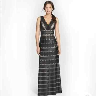 JS COLLECTIONS Black Beige Satin Overlay Mesh Lace Stripe Gown Maxi Dress 14W 1X