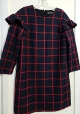 Zara Mini Dress Womens Small Navy Blue Red Buffalo Check Stretch Shift Ruffle 