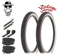 VINTAGE LOWRIDER BICYCLE TIRE 24 x 2.125 BLACK/WHITE RED LINE DIAMOND 8pc SET.