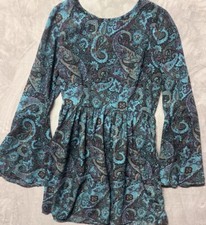Boho Paisley Bell Sleeve Mini Dress Size S/M Flowy Peasant Festival Hippie 30.5”
