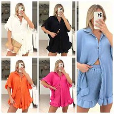 Womens Gold Button Pleated Dress Ladies Frill Collared Shirt Shorts Co ord Set