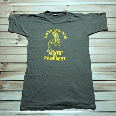 Vintage 80s Give Em Hell Ollie Oliver North For President NRA Shirt Size M