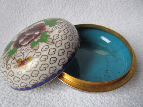 kleine Emaille Metalldose Messing blau gesprenkelt emailliert Deckeldose rund - Picture 3 of 7