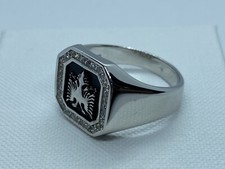 Genuine Mens Solid Silver Albanian Eagle Ring CZ Stone Set - 925 Sterling Silver