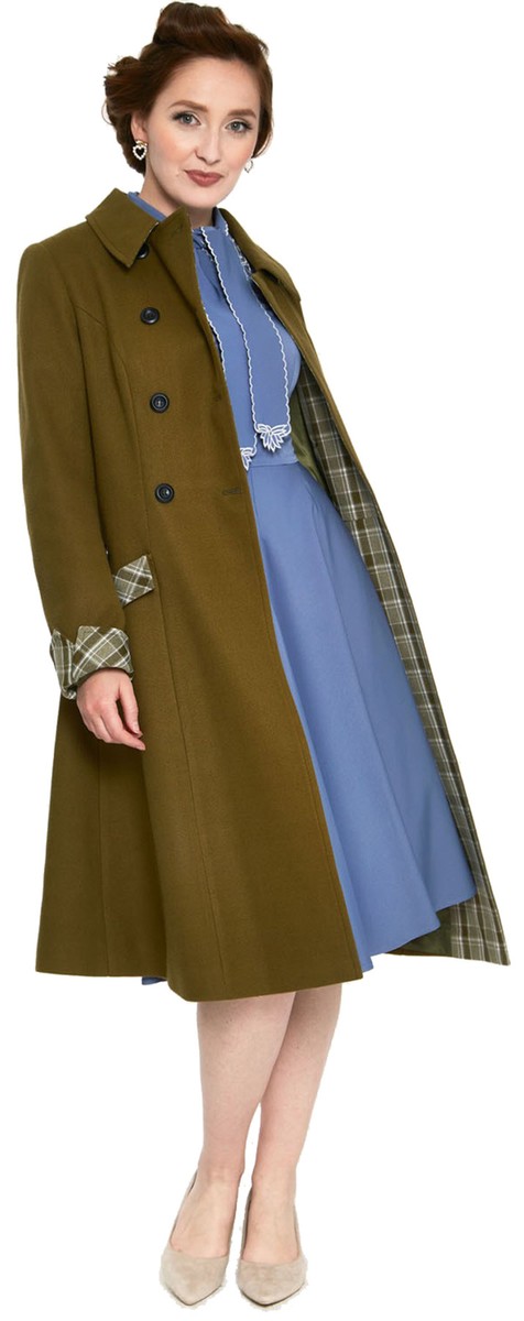 Voodoo Vixen SUSIE Retro PLAID CONTRAST A-Linie COAT Mantel Olivgrün  Rockabilly