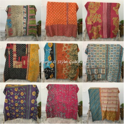 Vintage Kantha Handmade Bedspread Indian Quilt Cotton Blanket Gudari Ralli Throw