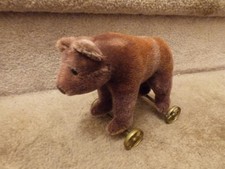 LTD Ed Steiff Pull Toy Bear on Wheels 1905 Reproduction Mohair Ear Button 7"