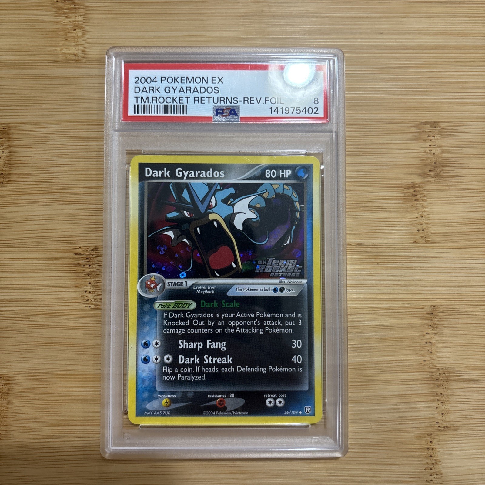 2004 POKEMON EX TEAM ROCKET RETURNS #36 DARK GYARADOS-REVERSE FOIL PSA 8