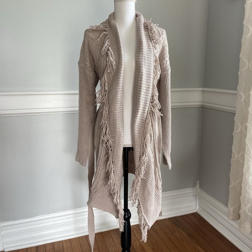 Cardigan lungo maglione orlo e filo aperto davanti frange boho beige cintura taglia small - Foto 4 di 10
