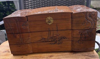 Large Antique Wood Carved Oriental Design Jewelry Chest Box Multiple Compartment