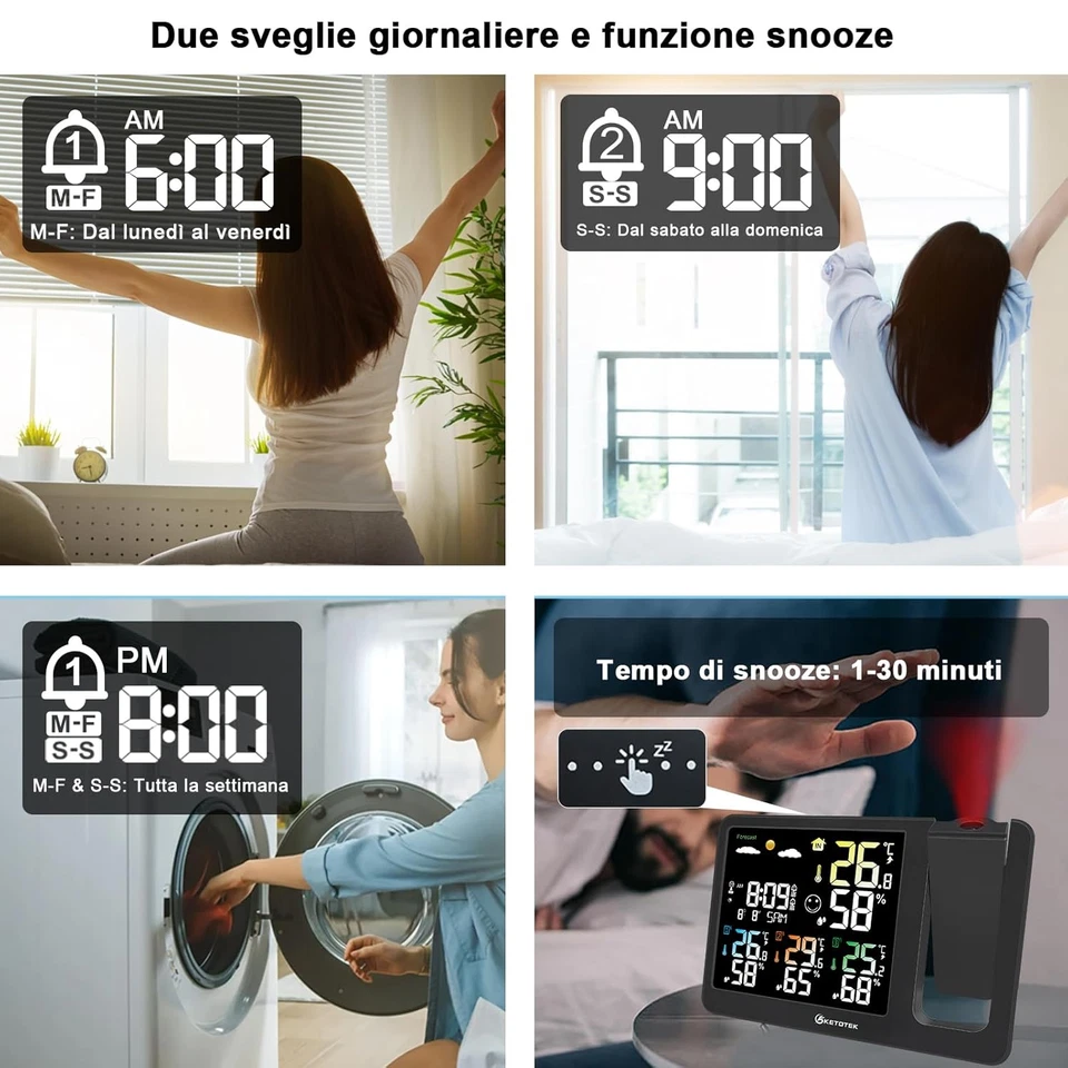 Radiosveglia Digitale Con Proiezione, Stazione Meteo Wireless, Termometro Intern - Immagine 4 di 4