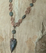 Handmade Jasper Wire Wrapped Arrowhead Necklace Artisan Metalwork Stone Jewelry
